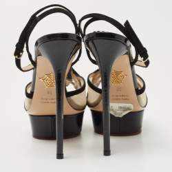 Charlotte Olympia Black Suede and Mesh Ooh Lala Print Ankle Strap Sandals Size 38
