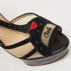 Charlotte Olympia Black Suede and Mesh Ooh Lala Print Ankle Strap Sandals Size 38