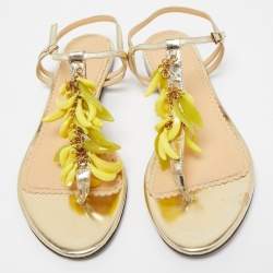 مملوكة مسبقًا Charlotte Olympia Gold Leather Embellished Ankle Strap Flat Sandals Size 36