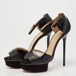 Charlotte Olympia Black Suede And Patent Leather Open Toe Platform Ankle Strap Pumps Size 38