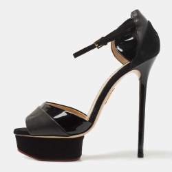Charlotte Olympia Black Suede And Patent Leather Open Toe Platform Ankle Strap Pumps Size 38