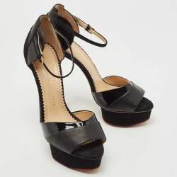 Charlotte Olympia Black Suede And Patent Leather Open Toe Platform Ankle Strap Pumps Size 38