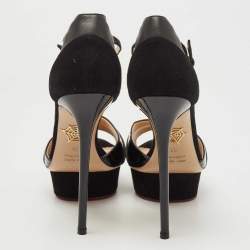 Charlotte Olympia Black Suede And Patent Leather Open Toe Platform Ankle Strap Pumps Size 38