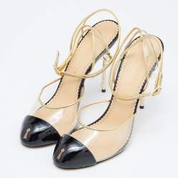 Charlotte Olympia Gold/Black Patent Leather and PVC Enigma Key Sandals Size 39