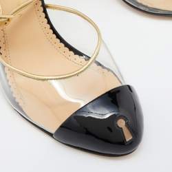 Charlotte Olympia Gold/Black Patent Leather and PVC Enigma Key Sandals Size 39
