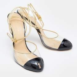 Charlotte Olympia Gold/Black Patent Leather and PVC Enigma Key Sandals Size 39