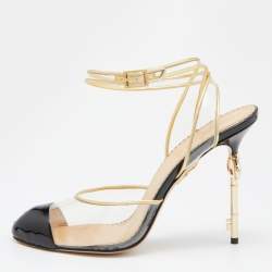 Charlotte Olympia Gold/Black Patent Leather and PVC Enigma Key Sandals Size 39