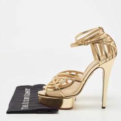 Charlotte Olympia Gold Leather and Mesh Platform Ankle Strap Sandals Size 41