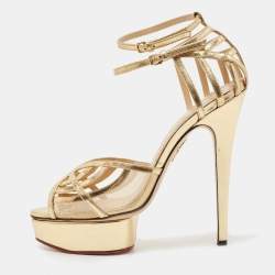 Charlotte Olympia Gold Leather and Mesh Platform Ankle Strap Sandals Size 41