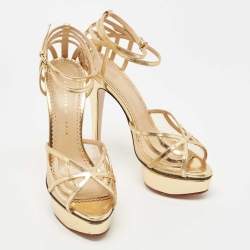 Charlotte Olympia Gold Leather and Mesh Platform Ankle Strap Sandals Size 41