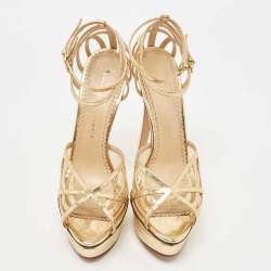 Charlotte Olympia Gold Leather and Mesh Platform Ankle Strap Sandals Size 41