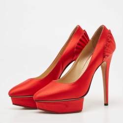 Pre Owned Charlotte Olympia Red Satin Paloma Fan Pleat Platform Pumps Size 40