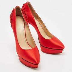Pre Owned Charlotte Olympia Red Satin Paloma Fan Pleat Platform Pumps Size 40