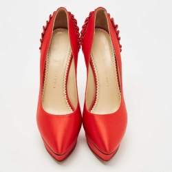 Pre Owned Charlotte Olympia Red Satin Paloma Fan Pleat Platform Pumps Size 40