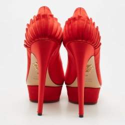 Pre Owned Charlotte Olympia Red Satin Paloma Fan Pleat Platform Pumps Size 40