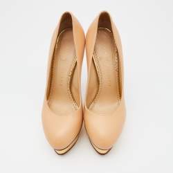 Pre Owned Charlotte Olympia Beige/Gold Leather Platform Pumps Size 37