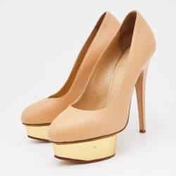 Pre Owned Charlotte Olympia Beige/Gold Leather Platform Pumps Size 37