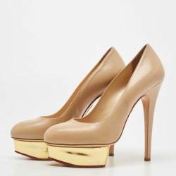 Charlotte Olympia Beige Leather Dolly Platform Pumps Size 38.5