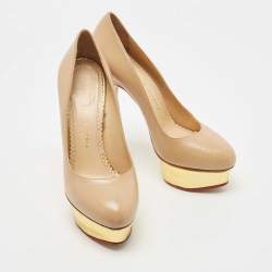 Charlotte Olympia Beige Leather Dolly Platform Pumps Size 38.5