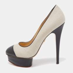 Charlotte Olympia Black/Beige Canvas and Leather Dolly Platform Pumps Size 39
