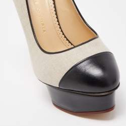 Charlotte Olympia Black/Beige Canvas and Leather Dolly Platform Pumps Size 39