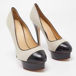 Charlotte Olympia Black/Beige Canvas and Leather Dolly Platform Pumps Size 39