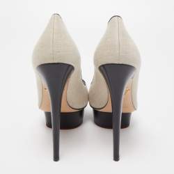 Charlotte Olympia Black/Beige Canvas and Leather Dolly Platform Pumps Size 39
