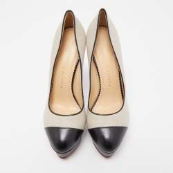 Charlotte Olympia Black/Beige Canvas and Leather Dolly Platform Pumps Size 39