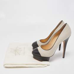 Charlotte Olympia Black/Beige Canvas and Leather Dolly Platform Pumps Size 39