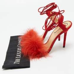 Charlotte Olympia Red Suede and Fur Salsa Ankle Wrap Sandals Size 38.5