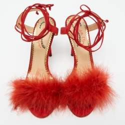 Charlotte Olympia Red Suede and Fur Salsa Ankle Wrap Sandals Size 38.5
