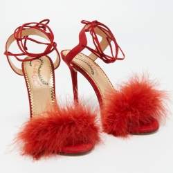 Charlotte Olympia Red Suede and Fur Salsa Ankle Wrap Sandals Size 38.5