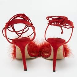 Charlotte Olympia Red Suede and Fur Salsa Ankle Wrap Sandals Size 38.5