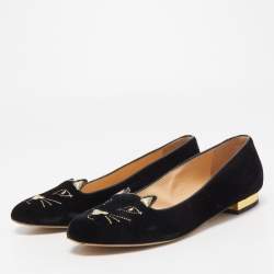 Charlotte Olympia Black Velvet Kitty Ballet Flats Size 38