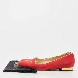 Charlotte Olympia Red Suede Embroidered Kitty Ballet Flats Size 39