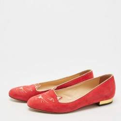 Charlotte Olympia Red Suede Embroidered Kitty Ballet Flats Size 39