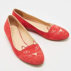 Charlotte Olympia Red Suede Embroidered Kitty Ballet Flats Size 39