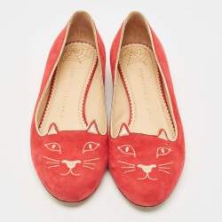 Charlotte Olympia Red Suede Embroidered Kitty Ballet Flats Size 39