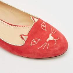 Charlotte Olympia Red Suede Embroidered Kitty Ballet Flats Size 39