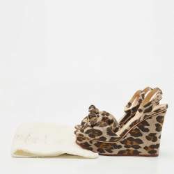 Charlotte Olympia Beige/Brown Leopard Canvas Bow Platform Ankle Strap Wedge Sandals Size 38.5