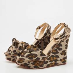 Charlotte Olympia Beige/Brown Leopard Canvas Bow Platform Ankle Strap Wedge Sandals Size 38.5