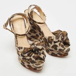 Charlotte Olympia Beige/Brown Leopard Canvas Bow Platform Ankle Strap Wedge Sandals Size 38.5