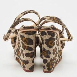Charlotte Olympia Beige/Brown Leopard Canvas Bow Platform Ankle Strap Wedge Sandals Size 38.5