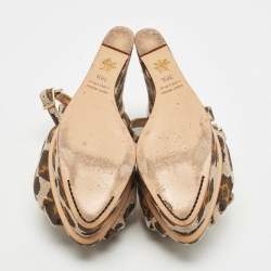 Charlotte Olympia Beige/Brown Leopard Canvas Bow Platform Ankle Strap Wedge Sandals Size 38.5