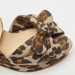 Charlotte Olympia Beige/Brown Leopard Canvas Bow Platform Ankle Strap Wedge Sandals Size 38.5