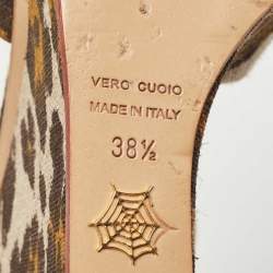 Charlotte Olympia Beige/Brown Leopard Canvas Bow Platform Ankle Strap Wedge Sandals Size 38.5