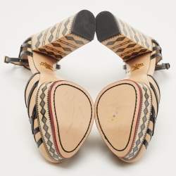 Pre Owned Charlotte Olympia Beige/Black Leather Cut Out Platform Ankle Strap Block Heel Pumps Size 39