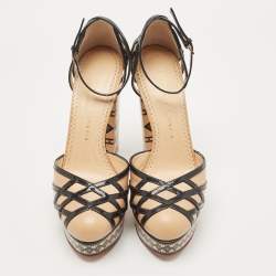 Pre Owned Charlotte Olympia Beige/Black Leather Cut Out Platform Ankle Strap Block Heel Pumps Size 39