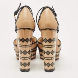 Pre Owned Charlotte Olympia Beige/Black Leather Cut Out Platform Ankle Strap Block Heel Pumps Size 39