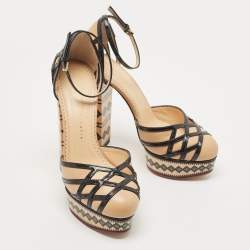 Pre Owned Charlotte Olympia Beige/Black Leather Cut Out Platform Ankle Strap Block Heel Pumps Size 39